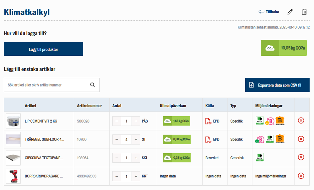 nomenu Klimatkalkyl hos JHL där klimatpåverkan per byggprodukt visas tillsammans med EPD-källor och miljömärkningar.