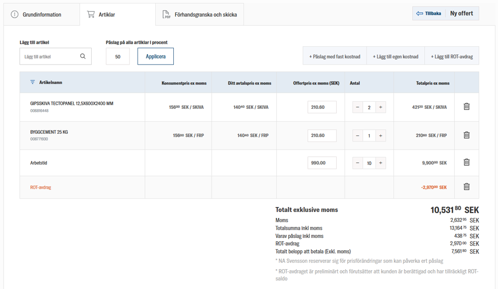 nomenu Offertverktyg hos JHL som visar produktlista, pris, påslag och ROT-avdrag.