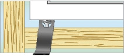 Illustration av fönsterram med träkonstruktion och en metalldel som håller ihop delarna.