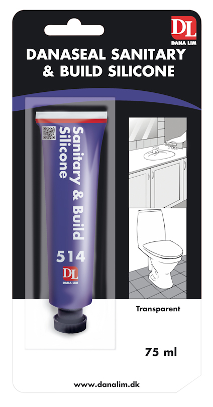 Förpackning med Danaseal Sanitary & Build Silicone, blå och vit med bild av badrum och produkttexten 514.