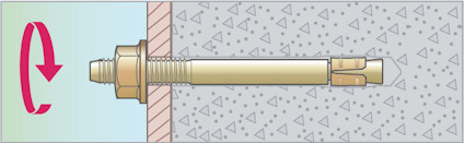 Mekanisk ankarskruv inbäddad i betong, med rotationspil åt vänster.