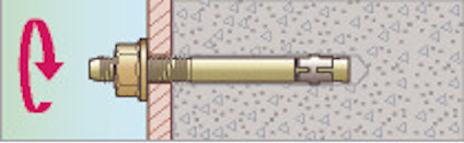 Expanderbult illustrerad i betongvägg med vridande pil indikerande fastsättning.