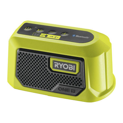 Grön bärbar Bluetooth-högtalare med knappkontroller på ovansidan och märkt "RYOBI" framtill.