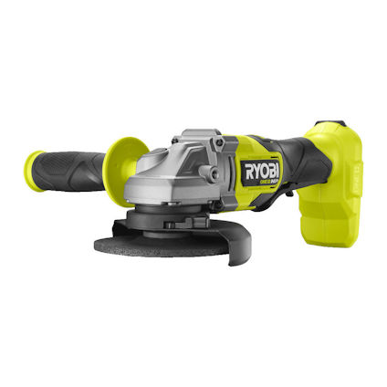Grön och svart batteridriven vinkelslip med två handtag och RYOBI-logotyp.