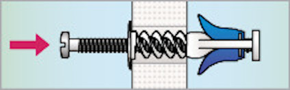 Skruv med fjäder och pluggillustration, pil pekar mot pluggens insats.