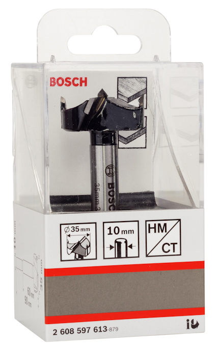 Förpackning med Bosch-borr, 35 mm diameter och 10 mm axel, HM/CT-material, modellnummer 2 608 597 613.