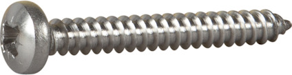 Rostfri skruv med rund skalle och skruvgängor längs hela skaftet.