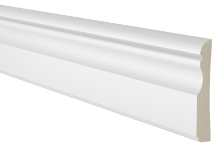 Vit profilerad list med rundad kant, mot svart bakgrund.