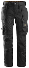 Svarta arbetsbyxor i stretchmaterial med flera fickor och verktygshållare.