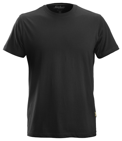 Svart bomulls-T-shirt med korta ärmar. Liten etikett synlig på nederkanten.