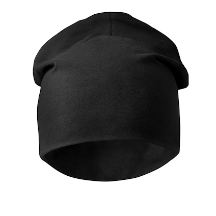 Svart bomullsmössa med slät yta och enkel design.
