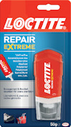 Förpackning av Loctite Repair Extreme 50g, visar en limtub och text på flera språk med produktdetaljer.
