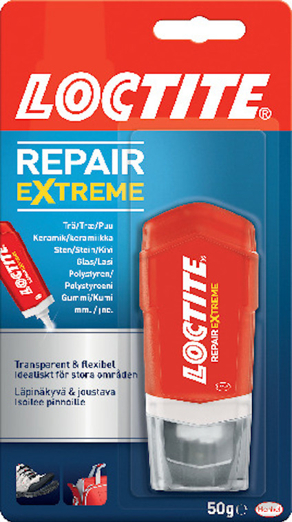 Förpackning av Loctite Repair Extreme 50g, visar en limtub och text på flera språk med produktdetaljer.