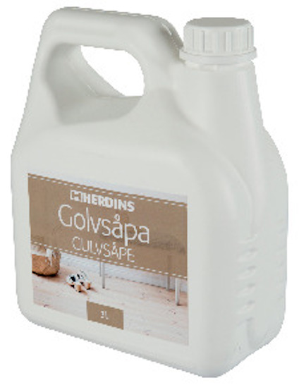 Vit plastdunk med etiketten "Herdins Golvsåpa 3L" och bild på ett trägolv.