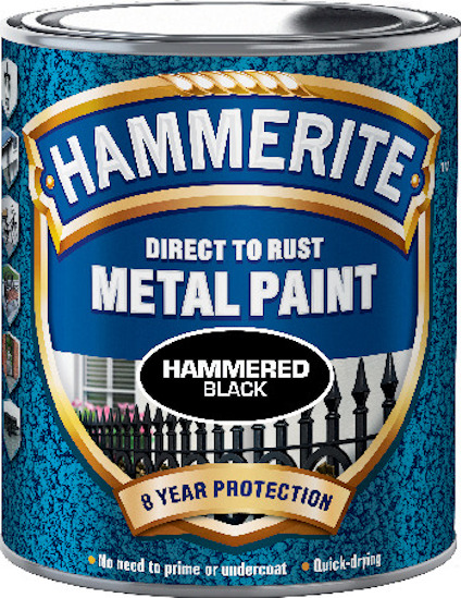 Färgburk med etikett "Hammerite Direct to Rust Metal Paint Hammered Black".