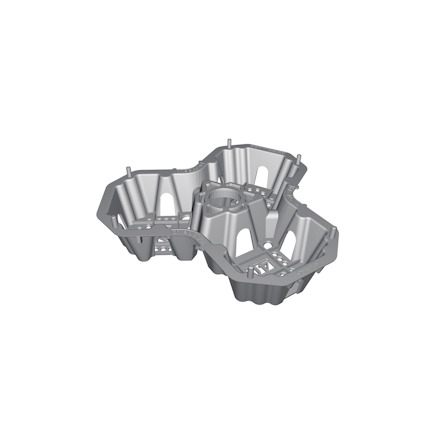 Grå plastkomponent med flera koniska utbuktningar och hål, mot svart bakgrund.