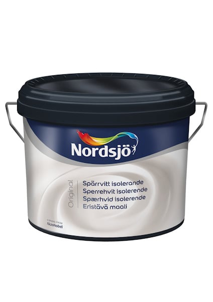 Plåthink med Nordsjö Logotypen och texten "Spärrvitt isolerande" på etiketten.