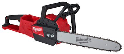 Röd och svart kedjesåg med metallsvärd och kedja, märkt "Milwaukee".