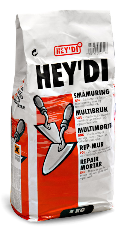 Förpackning med ordet "HEYDI" i svart och texten "SMÅMURING MULTIBRUK" med illustration av två murslevar.