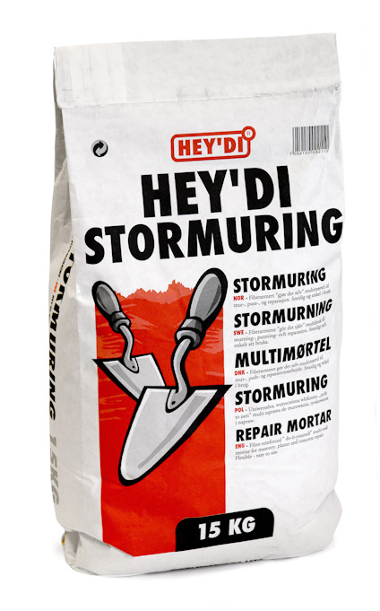 Förpackning med Hey'di torrbruk, vit och röd design, två murslevar avbildade, viktangivelse 15 kg.