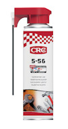 Sprayburk med röd sprayknapp och svart sugrör, etikett med texten "CRC 5-56" och bilder av verktyg.