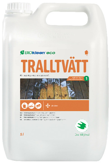 Förpackning med Biokleen eco Tralltvätt, 5 liter, med text och trädsymbol.