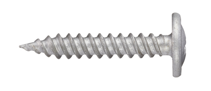 Metallskruv med rundad huvud och spiralformad gänga mot vit bakgrund.