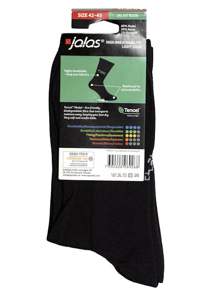 Svarta strumpor förpackade med etikett. Storlek 42-43, 60% Modal, 39% Polyamid, 1% Elastan. Märkningar inkluderar OEKO-TEX och Tencel.