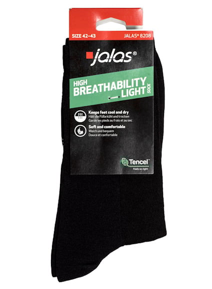 Svart socka förpackad med etikett märkt "Jalas", "HIGH BREATHABILITY LIGHT" och "Tencel". Storlek 42-43.