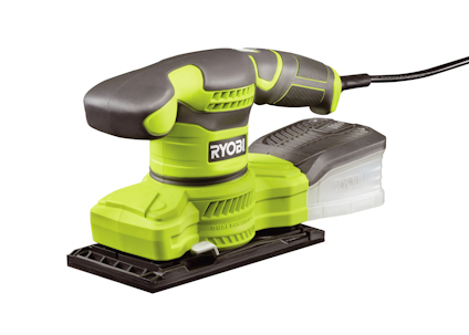 Elektrisk planslipmaskin i grönt och svart av märket RYOBI med en dammbehållare och sladdanslutning.