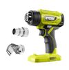 Grön och svart varmluftspistol med texten "RYOBI", tillsammans med två metallmunstycken.