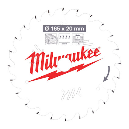 Cirkelsågklinga med tandad kant, vit yta och röd text "Milwaukee". Tekniska specifikationer i svart tryck.