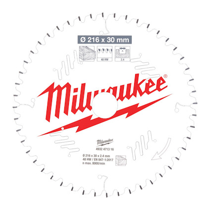 Cirkelsågklinga med texten "Milwaukee" i rött och information om dimensioner och specifikationer i grått och svart.