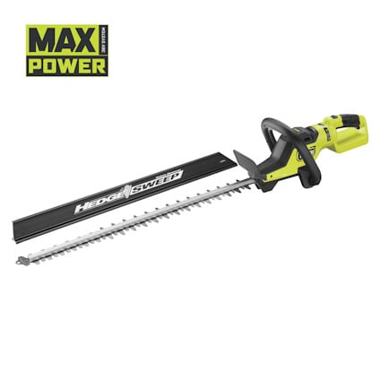 Grön och svart häcksax med tandad klinga och texten "Hedge Sweep". Max Power-logotyp i övre vänstra hörnet.