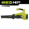 Lövblåsare i svart och grönt med text "RYOBI" och "WHISPER SERIES". Övre text: "18V ONE+ HP BRUSHLESS".
