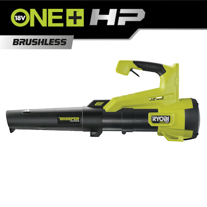 Lövblåsare i svart och grönt med text "RYOBI" och "WHISPER SERIES". Övre text: "18V ONE+ HP BRUSHLESS".