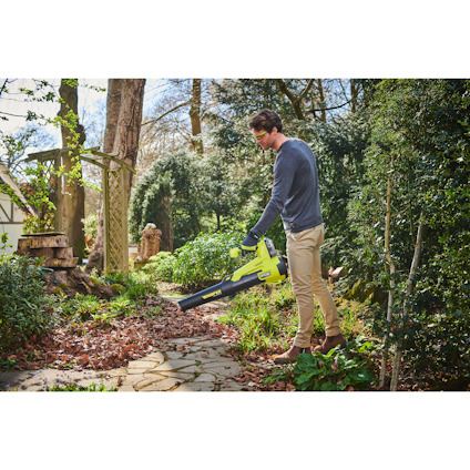 Man i vardagskläder använder en blåsare från Ryobi för att blåsa bort löv från en trädgårdsgång omgiven av grönska