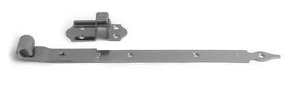 Metalliskt gångjärn med lång platta och flera monteringshål, inkluderar en matchande fästanordning.