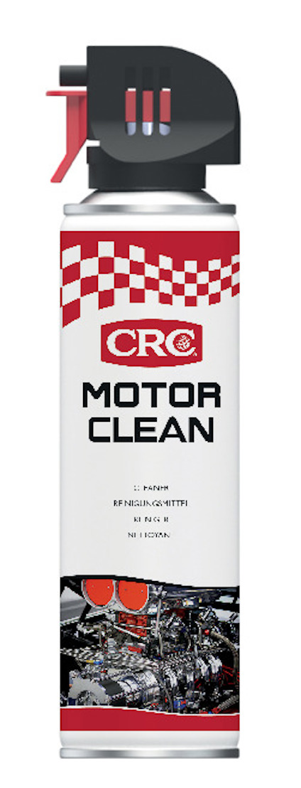 Sprejburk med etiketten "CRC MOTOR CLEAN" och bilder av en motor.