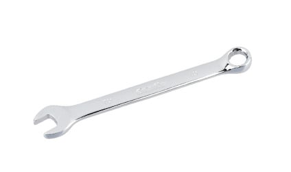 En U-ringnyckel med öppen och sluten ände, silverfärgad och av metall.