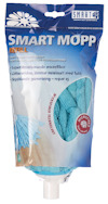 Förpackning för "Smart Mopp Refill" i blå och vit design med text och en bild av en blå mikrofibermopp.