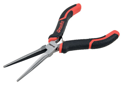 Spetstång med långa smala käftar och rött-svart ergonomiskt handtag.
