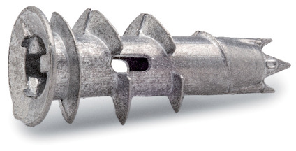 Metallisk gipsskruvplugg med skruvformad kropp och platt huvud.