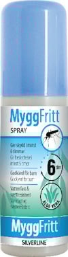 Vit flaska med blått lock, etikett med texten "MyggFritt Spray", illustration av en mygga, och hänvisning till aloe vera.