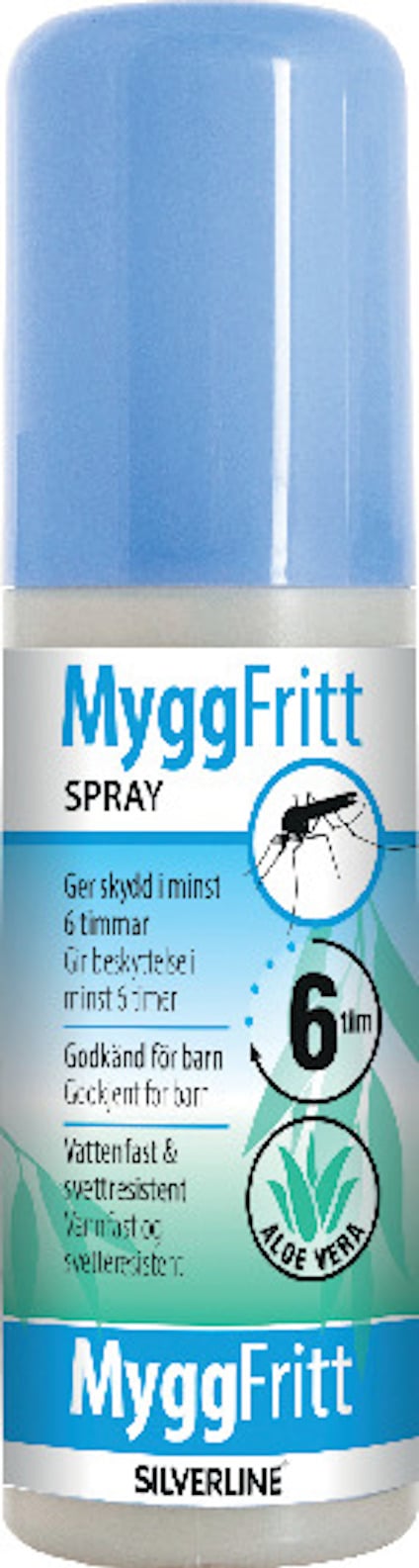 Vit flaska med blått lock, etikett med texten "MyggFritt Spray", illustration av en mygga, och hänvisning till aloe vera.