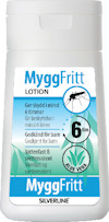 Vit flaska med etikett "MyggFritt Lotion". Text på etiketten inkluderar "Ger skydd i minst 6 timmar", "Aloe Vera" och "Vattenfast".