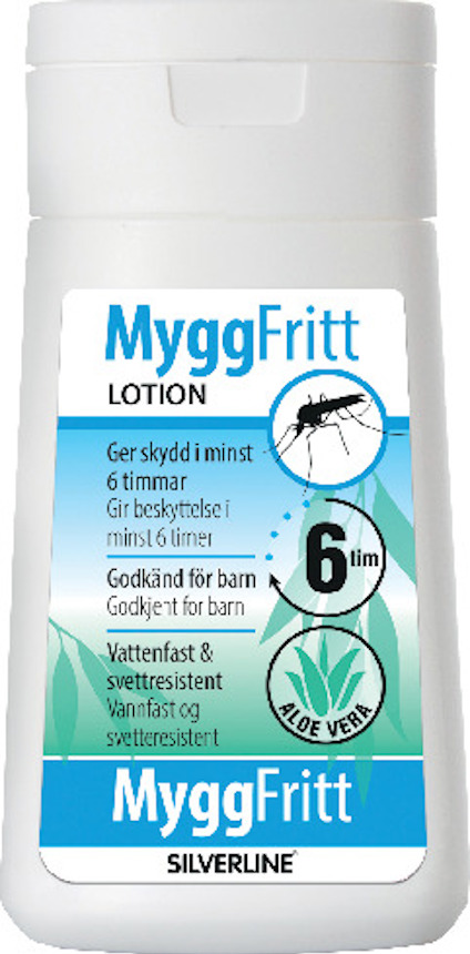 Vit flaska med etikett "MyggFritt Lotion". Text på etiketten inkluderar "Ger skydd i minst 6 timmar", "Aloe Vera" och "Vattenfast".