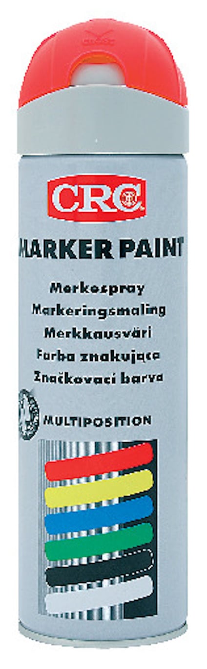 Sprayburk med texten "CRC Marker Paint" och färgprover i olika färger på etiketten.