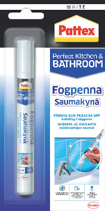 Förpackning med en vit Pattex fogpenna, instruktioner och illustrationer för användning på kakelfogar.