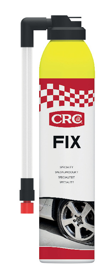 Sprayburk med etikett "CRC Fix", rött och vitt mönster högst upp, bild på ett däck längst ned.